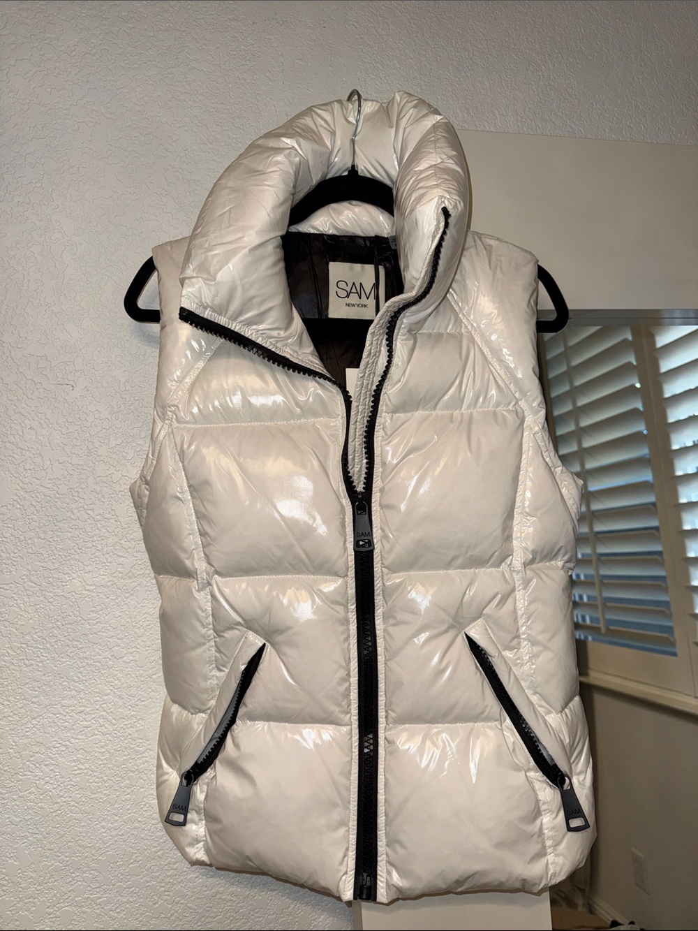 SAM. Glossy White Quilted Puffer Vest with Black Trim